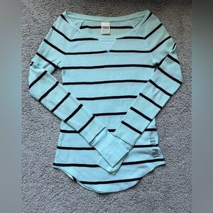 PINK Victorias Secret Long Sleeve Ribbed Green w/Black Stripes T-Shirt Size XS